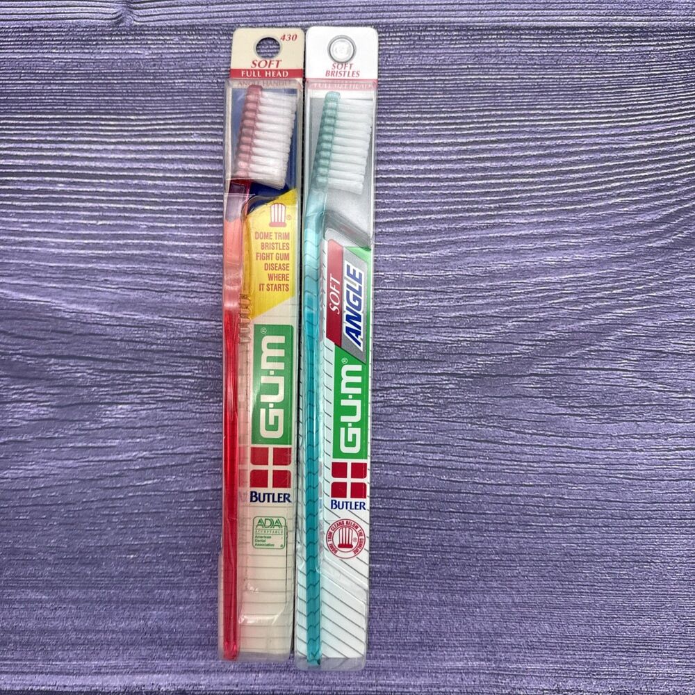 2 LOT VTG NOS Gum Butler SOFT Angle FULL Size Head Toothbrush 430 NEW Blue Red